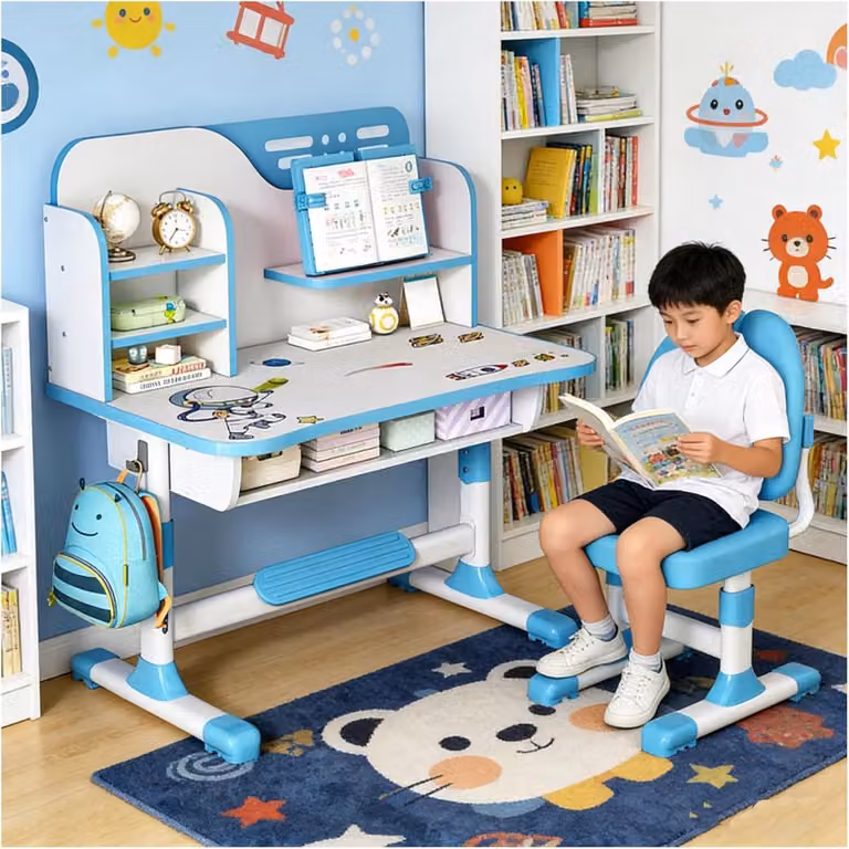 Blauwe Kinderbureau Set met Verstelbare Stoel voor Studeren en Tekenen, Breedte: 80 cm
