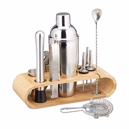 Relaxdays Cocktailset 11-delig van rvs en bamboe in zilver/natuur
