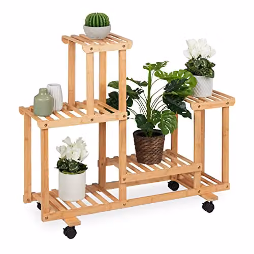 Relaxdays Plantenrek van bamboe met 6 planken, bruin, H x B x D: 79 x 95 x 36 cm