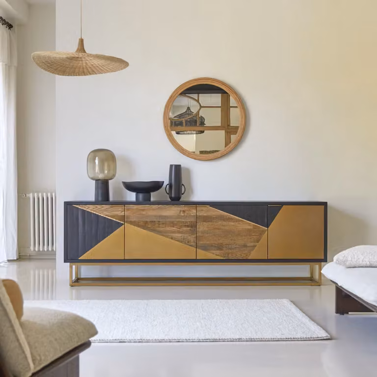 Tikamoon Modern Eiken Tv-meubel Zwart - Breedte: 240 cm, Diepte: 48 cm, Hoogte: 76,5 cm