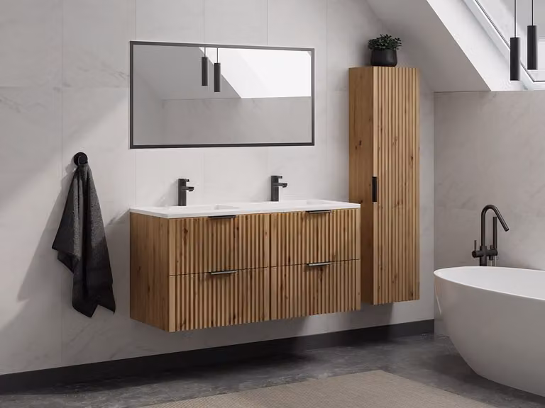 ZEVARA Geribbeld badkamermeubel met opbouwwastafel en kolomkast, Licht naturel, Breedte: 120 cm, Diepte: 46,5 cm, Hoogte: 140 cm