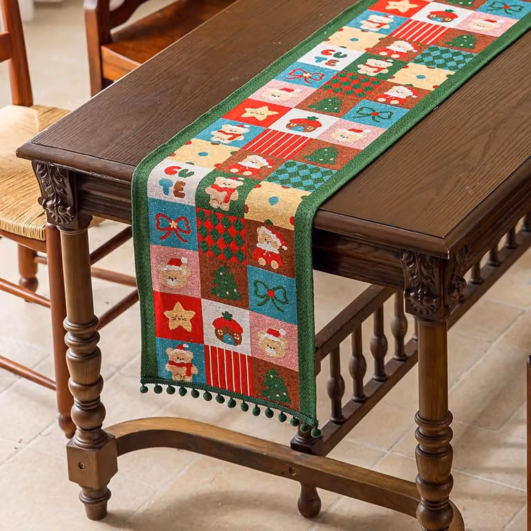 Kersttafelkleed van katoen en linnen met kerstmotief en pompon franje, 35 x 180 cm