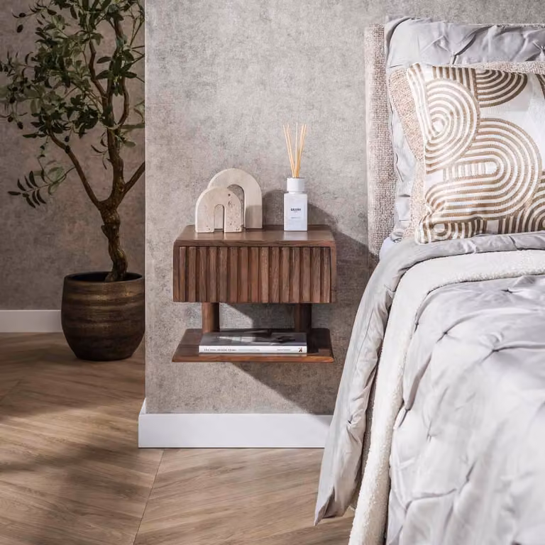 WoonStijl Nachtkastje Carve Shelve met 1 lade, Acacia hout, Bruin