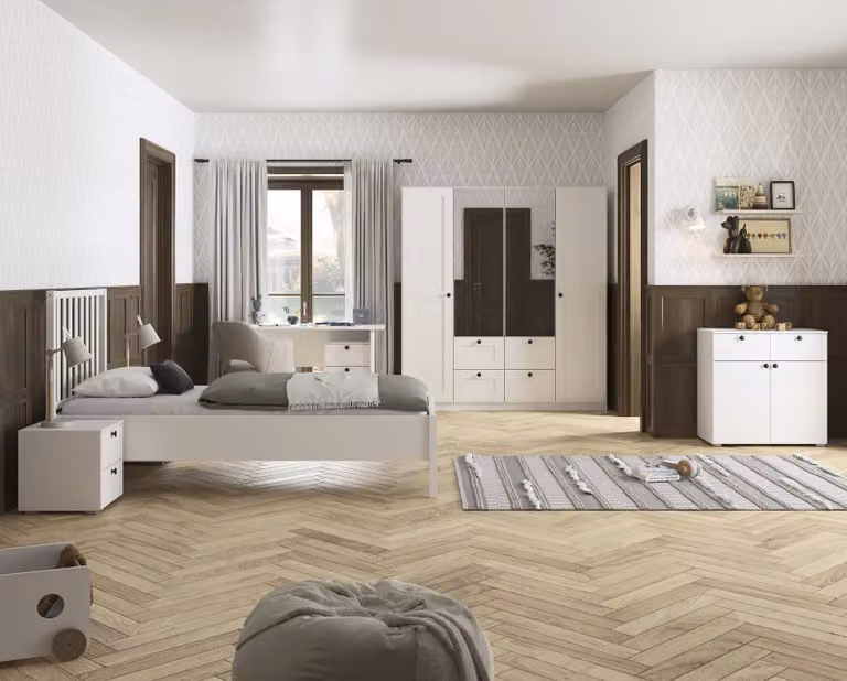home24 Skagen Set voor tienerkamer 5-delig, wit met spiegeldeur, 90 x 200 cm