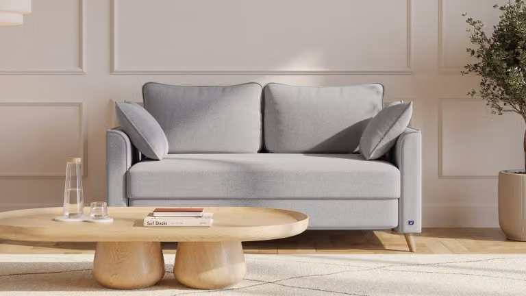 Flow BRUNO slaapbank in Silver Grey grijs met massief hout en boxspringcomfort, 140 cm