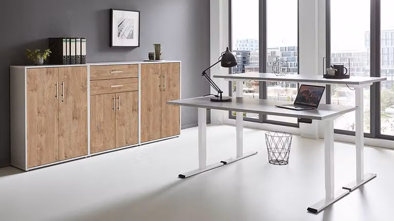 home24 Kantoorset 3-delig grijs/Sanremo eikenhouten look, H: 85 cm, B: 114 cm, D: 33 cm