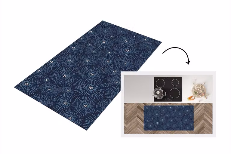 Keukenloper met Japans bloemenpatroon in blauw en wit, vinyl, 120 x 60 cm