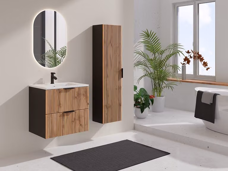 Zwevende badkamerkolom MADELA met soft-close deuren en LED-verlichting - Beige en Zwart - Hoogte: 140 cm