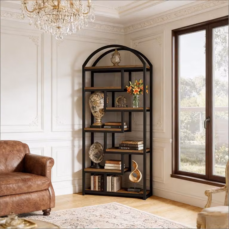 7-laags vrijstaand boekenrek en presentatieregal, zwart / rustiek bruin, Hoogte: 180 cm