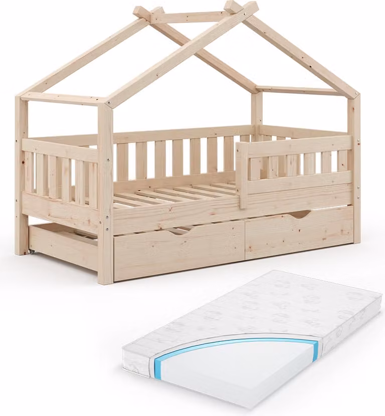 Vitalispa Huisbed Design van natuurlijk massief hout met logeerbed en matras, 80 x 160 cm, Model 36238