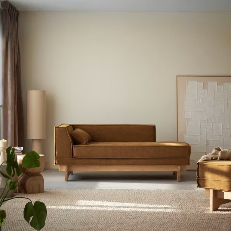 Tikamoon Miu Chaise longue met eikenhouten frame en fluwelen stof in geel en bruin, B/D/H: 172 x 80 x 70 cm