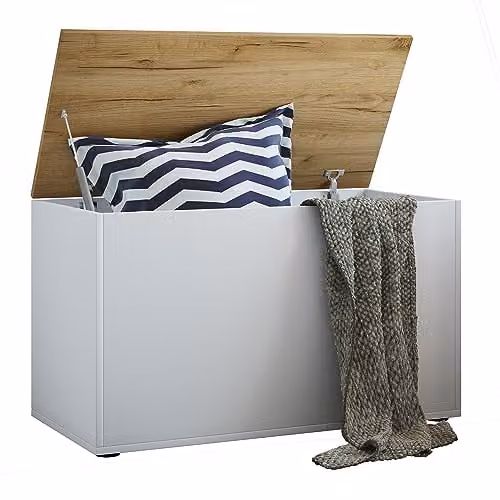 VCM Bendola houten zitbank met opbergruimte wit/eiken, B: 82 cm, D: 49 cm, H: 44 cm