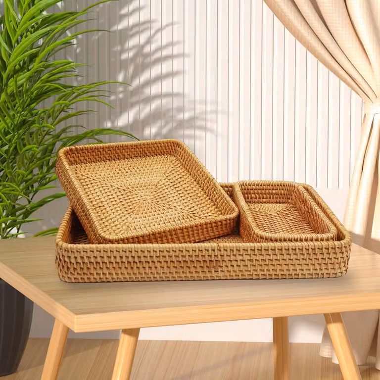 SnelShoppen Set van 3 handgeweven dienbladen van natuurlijk rattan voor de keuken, woonkamer of badkamer