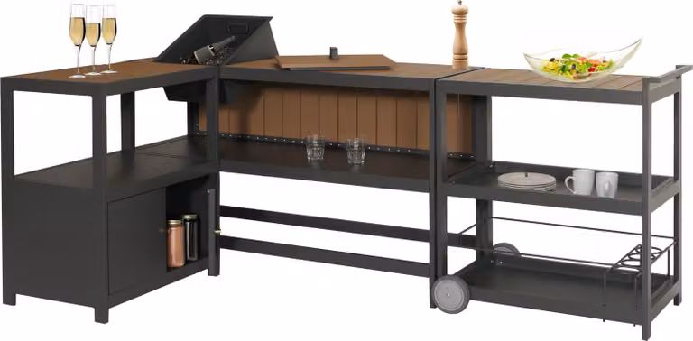 Mendler Aluminium buitenkeuken 3-delig model HWC-M64 antraciet met lichte houtlook inclusief serveerwagen, ijsbak en kast