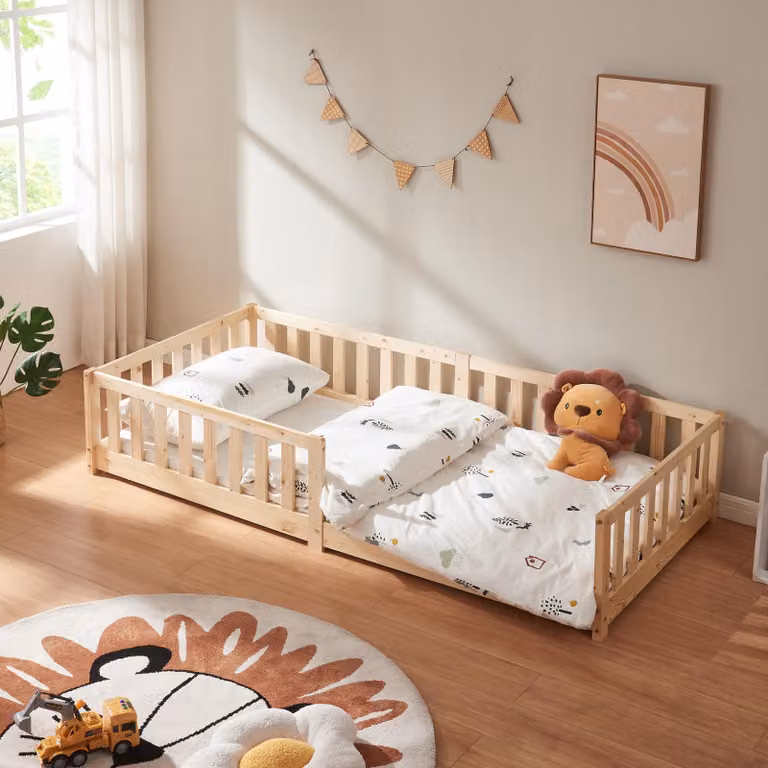 en.casa Kinderbed Tanna Montessori bed van massief grenenhout met valbeveiliging, naturel, 90 x 200 cm