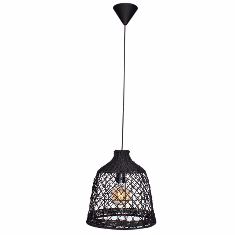 Hanglamp Lucena zwart By Rydéns met rattan en textiel, hoogte verstelbaar