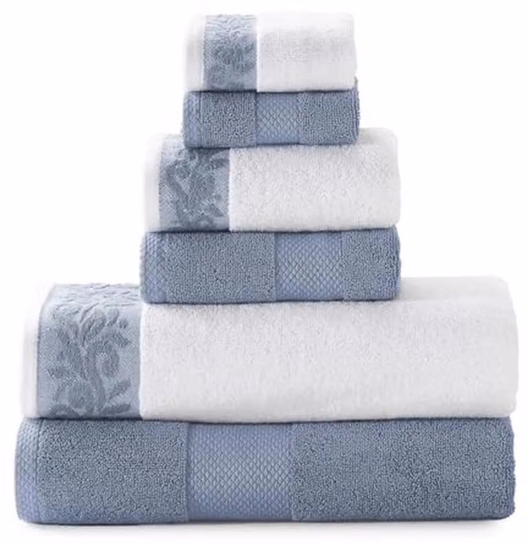 6-delige handdoekenset met filigreen jacquardrand in blauw, 600 GSM