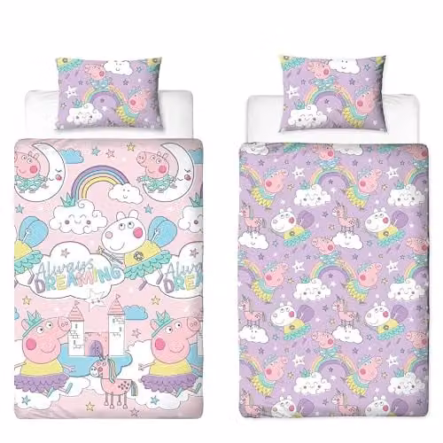 Peppa Pig Officiële Eenpersoonsbed Dekbedovertrek Set met Kussensloop - Bedtime Design Omkeerbaar Roze en Lila - 135 x 200 cm