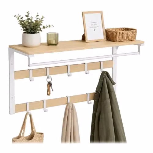Relaxdays 3-in-1 wandkapstok met 10 haken en kledingstang, wit/natuurlijk