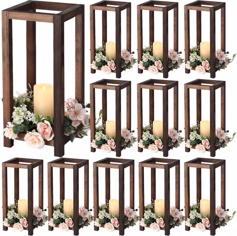 Set van 12 rustieke houten lantaarns voor decoratieve tafeldecoratie, houtkleur