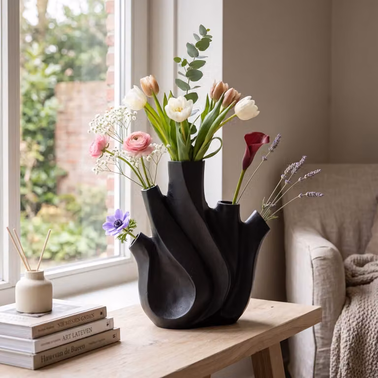 Richmond Interiors Vaas Jason Modern Zwart Keramiek Hoogte: 29,5 cm, Breedte: 10,5 cm, Diepte: 26 cm