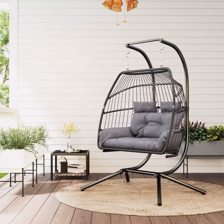 FloraGrace Hangstoel voor 2 personen - Opvouwbaar met standaard en kussens - Polyrattan - Donkergrijs - B/D/H: 170 x 100 x 185 cm