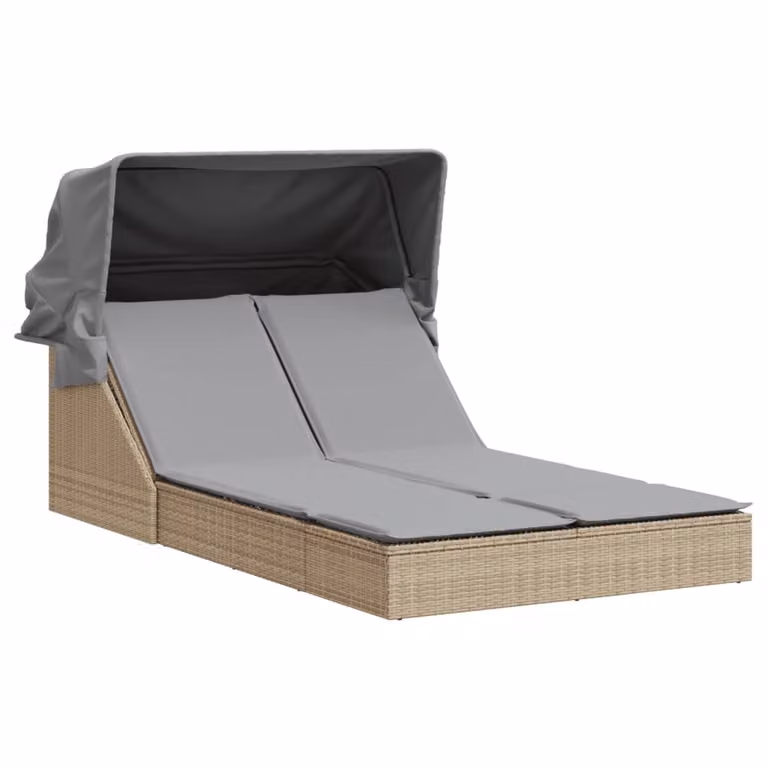 vidaXL Dubbele ligbed met zonnedak en kussens, beige, polyrotan