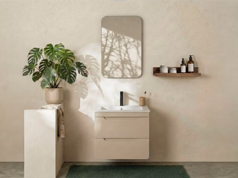 Vente-unique ARUBA Zwevend badkamermeubel met inbouwwaskom - Beige/Wit - Breedte: 60 cm