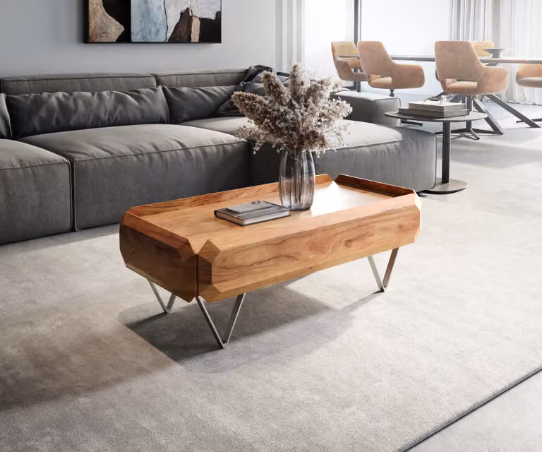 DELIFE Salontafel Modern van Acaciahout en Metaal, Bruin/Zilver, B: 100 cm, D: 50 cm, H: 38 cm