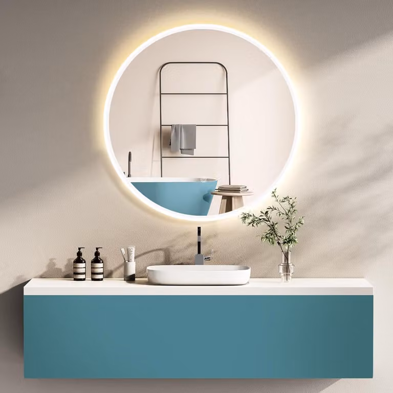 PonteSino Wandspiegel Rond met LED en Memory-functie, Wit Aluminium Frame, Diameter: 60 cm