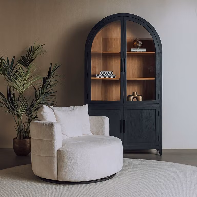 Tower Living Lounge Fauteuil - Design Tub Stoel - Boucle Stoff - Beige/Wit - 360 graden draaibaar
