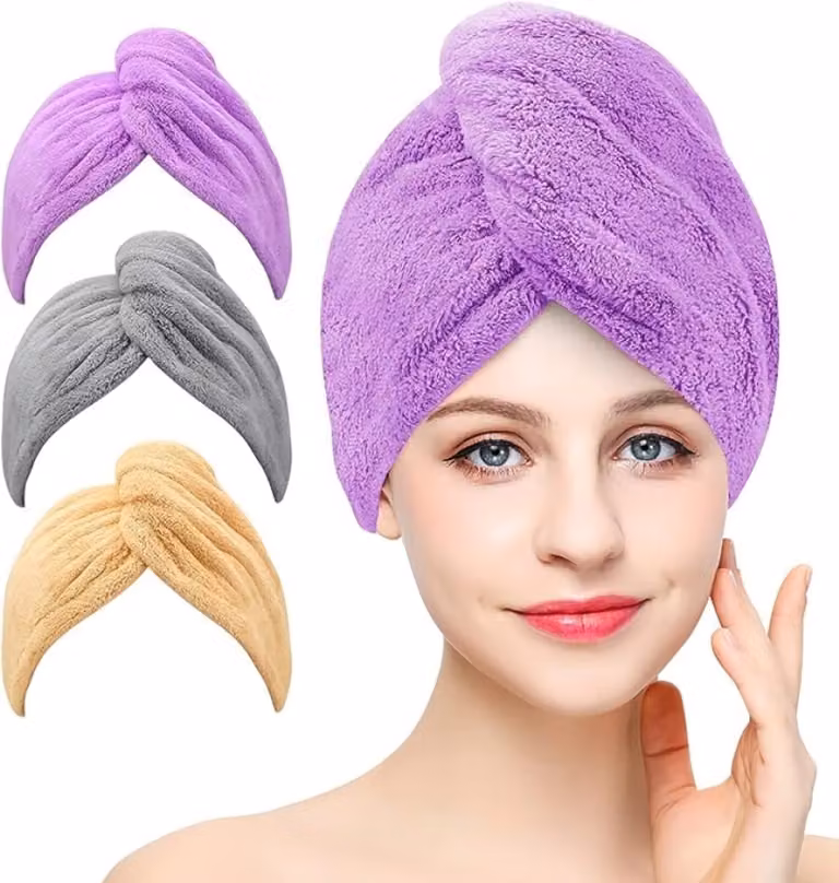 PromoHome 3-pack microvezel haardrooghanddoeken met twist-tulband en knoop, superabsorberend en sneldrogend, grijs/khaki/purper