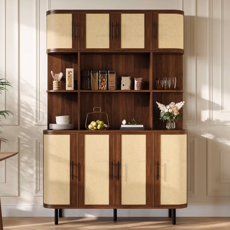 REDOM Sideboard met 8 deuren en rotanlook fronten - Walnoot - B/D/H: 120 x 20 x 180 cm