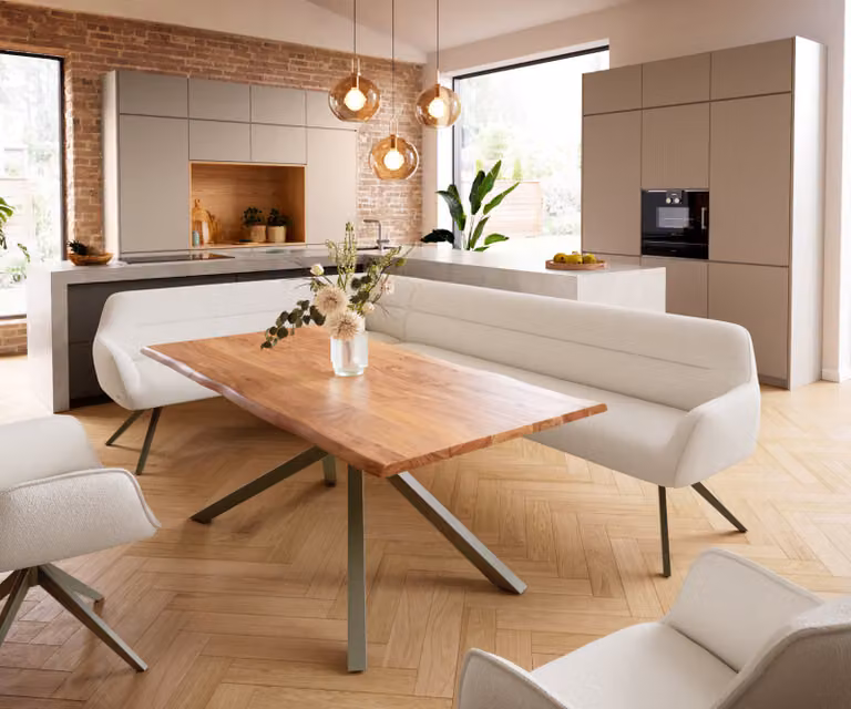 DELIFE Eetkamerbank Taya-Flex L-vormig, Bouclé, Beige/Wit, B: 282 cm x D: 190 cm
