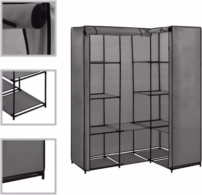 Grijs Hoekkledingkast met ijzeren frame voor in de slaapkamer of hal, B/D/H: 130 x 87 x 169 cm