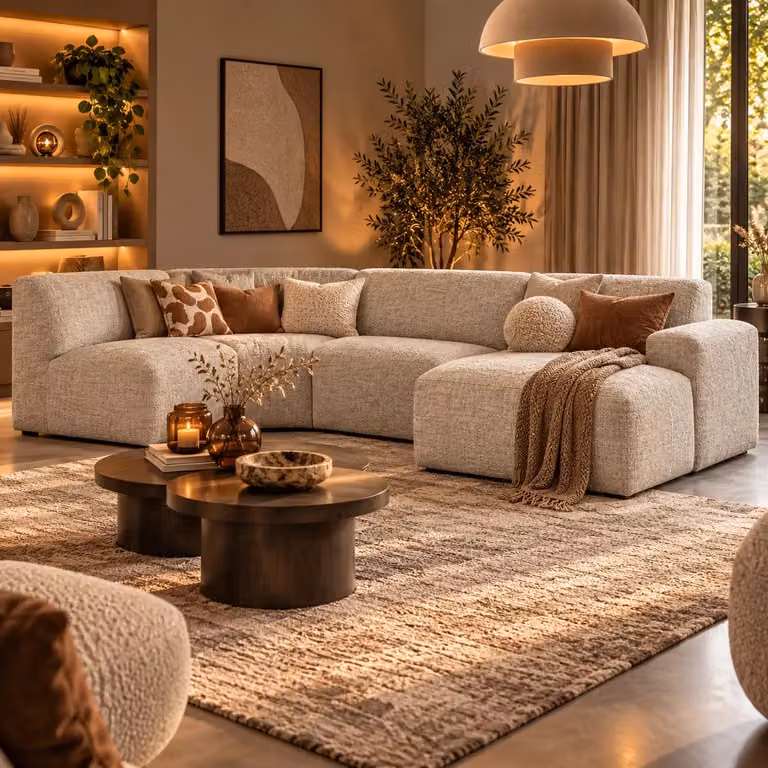 Woood Avelon u-bank in beige naturel melange met stoffen bekleding