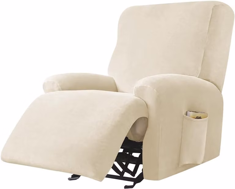 SnelShoppen 4-delige set armstoelhoezen met pocket in beige velours van polyester spandex met antislip voor je woonkamer