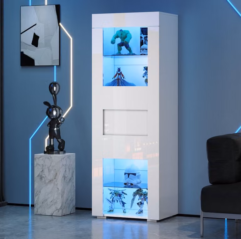WUVRIE Vitrinekast met LED, glazen legplanken en acryl deur, Wit, B/D/H: 60 x 40 x 170 cm