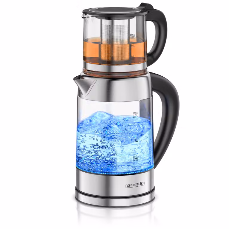 Arendo Waterkoker met temperatuurinstelling (40 - 100 °C), Display, Glas en Roestvrij Staal, 1,7 liter, 2200 W, Warmhoudfunctie, LED-kleurencirkel, BPA-vrij