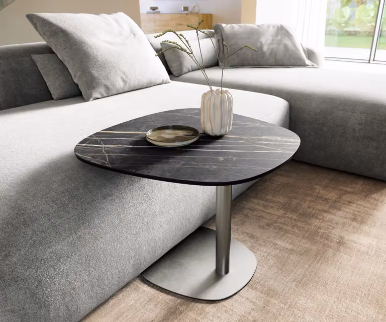 DELIFE Bijzettafel Edge Boot met keramisch blad Laminam Noir Desir en geborsteld roestvrij stalen onderstel, Bruin/Zilver, B: 60 cm, D: 60 cm, H: 42 cm