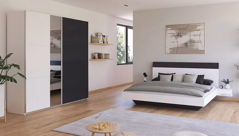 home24 Slaapkamerset 2-delig met zweefdeur, wit/alpinewit/metallic grijs, 180 x 200 cm