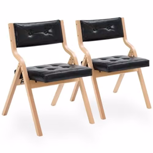 SEEDWAVE Set van 2 inklapbare eetkamerstoelen met houten frame en PU-lederen bekleding, natuur/zwart