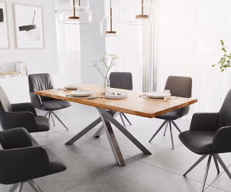 DELIFE Eettafel Edge, Acacia hout en roestvrij staal, Bruin/Zilver, B/D/H: 200 x 100 x 73,5 cm