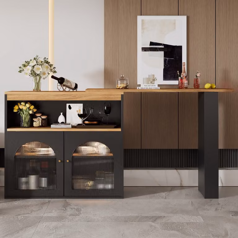 MODFU Uitrekbare Bartafel Zwart MDF met 360 graden draaibare bovenkant en LED-verlichting, B/D/H: 138 tot 193 x 39 x 105 cm