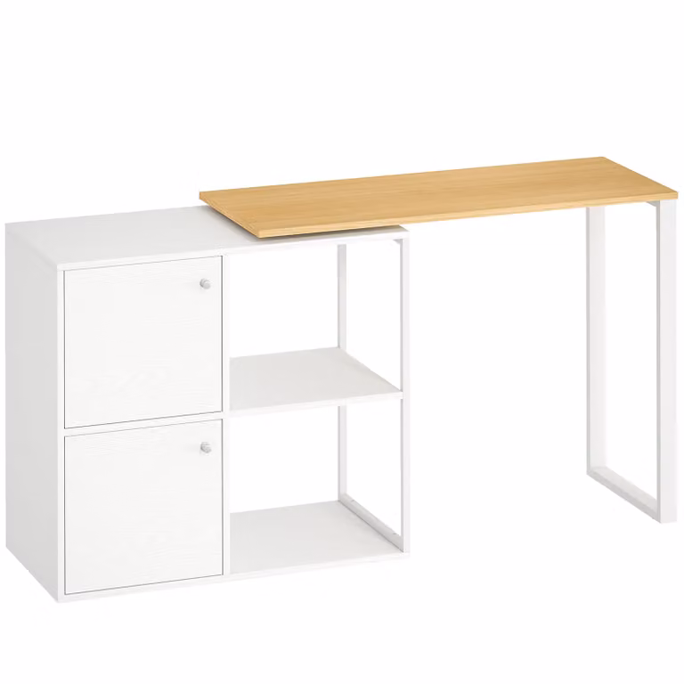 HOMCOM L-vormig bureau met 360 graden draaibaar blad, 2 kasten en 2 planken, wit en natuurhout, B/D/H: 150 x 40 x 75 cm