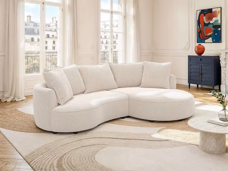 Maison Céphy CEPRANO Rechterhoekbank in beige chenillestof met sierkussens - B: 260 cm, D: 160 cm, H: 90 cm