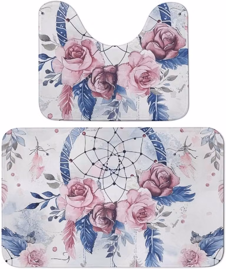 Badkamertapijt set met badmat en toiletmat in zacht koraal fluweel, Perzik dromenvanger, 50 x 80 cm