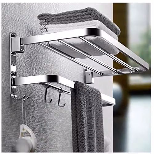 XIAJIA Dubbele handdoekstang inklapbaar met 4 haken, RVS 304, zilver, B/D/H: 40 x 24 x 19,5 cm