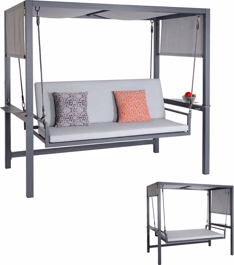Mendler Aluminium schommelstoel HWC-L47 met ligfunctie en textiel dak, grijs, B/D/H: 221 x 195 x 131 cm
