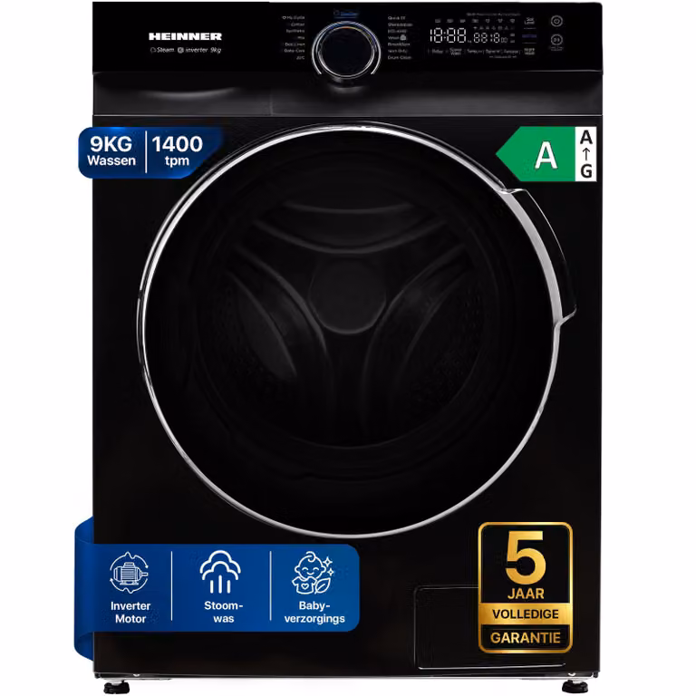 Heinner HWM-M914IVKB Voorlader Wasmachine, 9 kg, 1400 tpm, Inverter, Touch, Stoom, Zwart